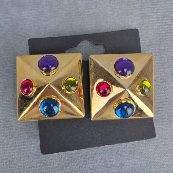 Trifari Jewelry - Trifari TM Vintage 80s Cabochon Gripoix Pyramid Clip-On Earrings Multicolor RARE
